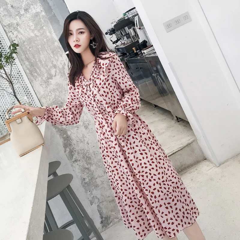 

Elegant Chiffon Dress Women Autumn Long Sleeve Bow Ruffles Pleated Print Pink Dress Female Casual Dress Party Night Vestidos