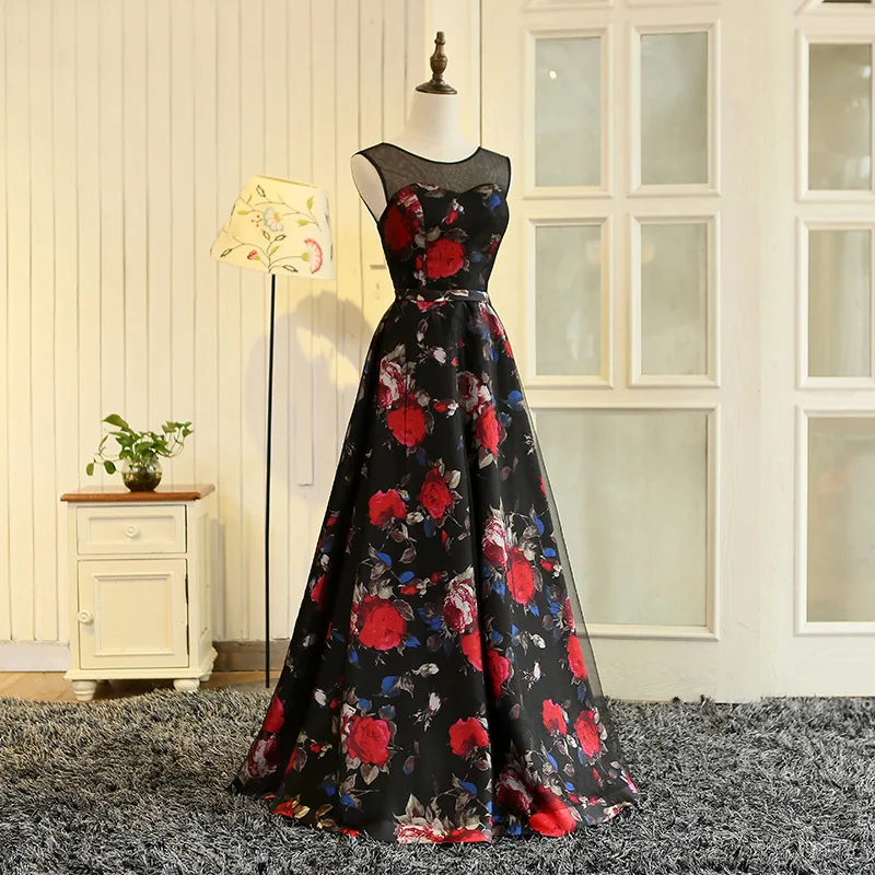 baile tule preto flores vermelhas padrão vestidos
