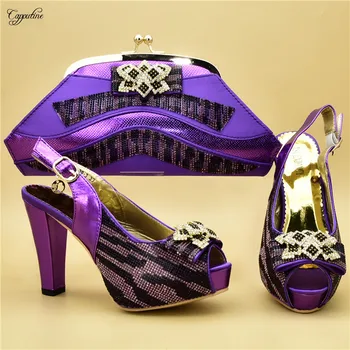 

Amazing party set high heel sandal shoes with purse handbag set with rhinesones 999-3 in purple, heel height 12cm