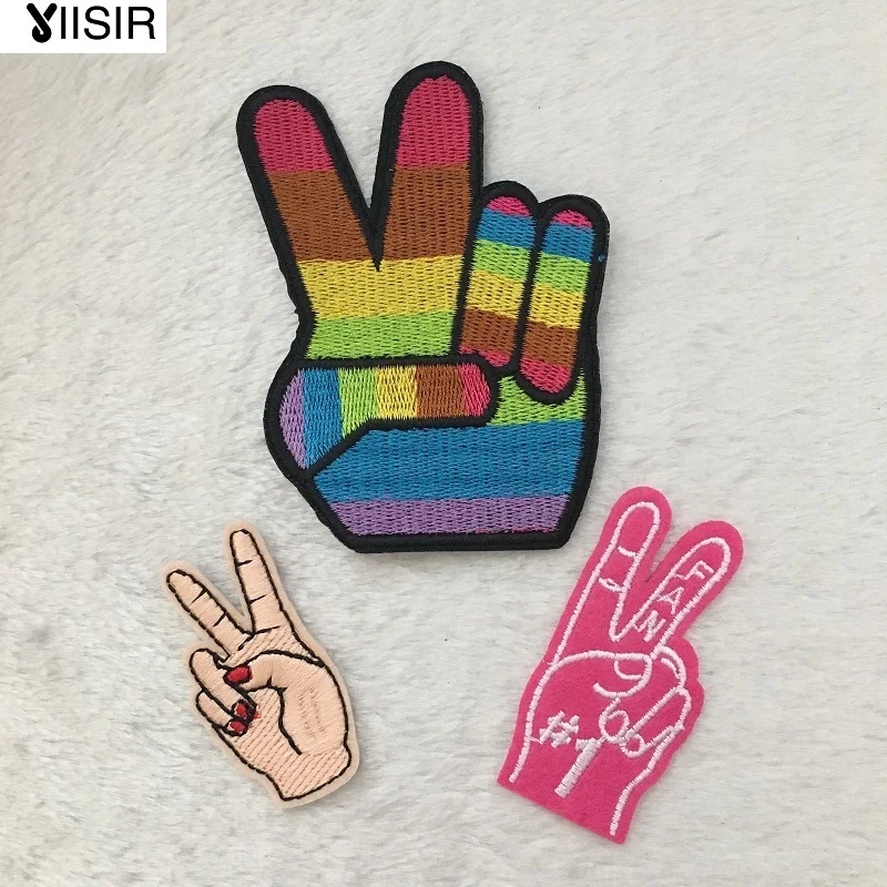 1piece fabric peace fingers win heat transfer embroidery clothes