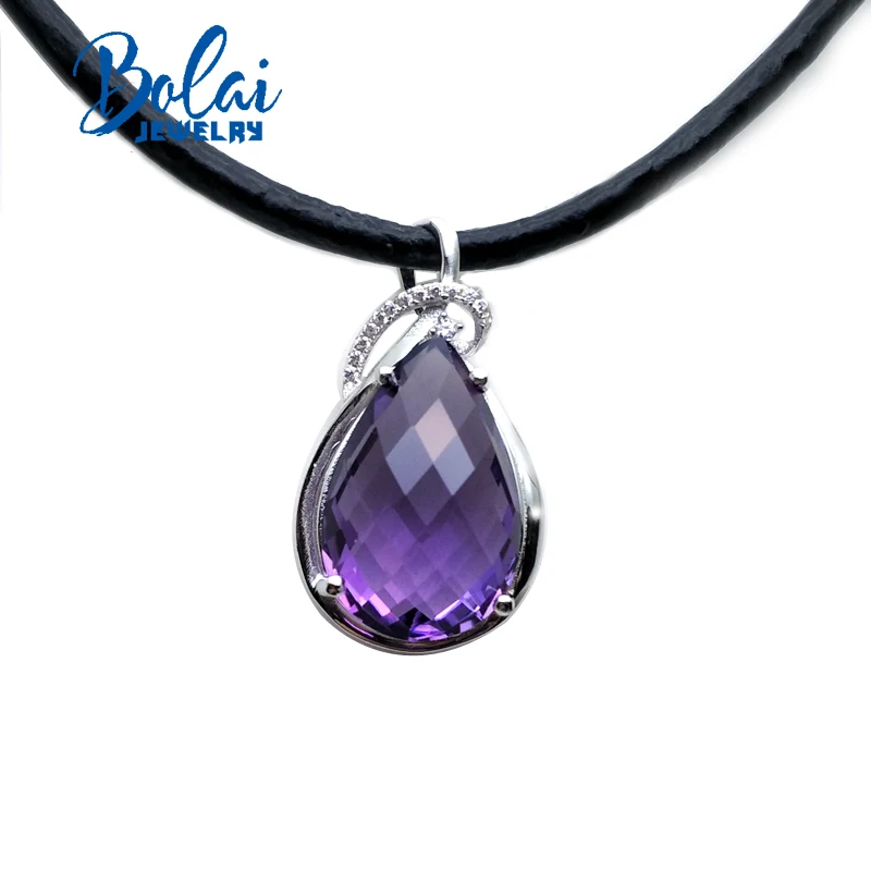 

Bolaijewelry,natural big size pear amethyst pendant with leather chord necklace 925 silver women anniversary wedding party gift