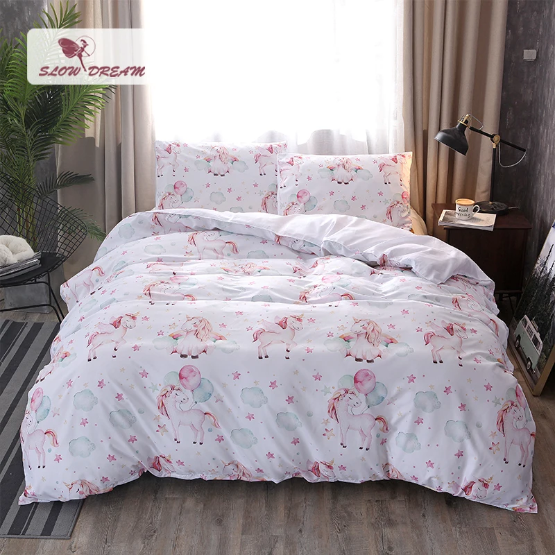 

SLOWDREAM Cartoon Bedding Set Unicorn Bed Linen Double Flat Sheet Bedspread Duvet Cover Adult Bed Linen Set King Size Bedclothes
