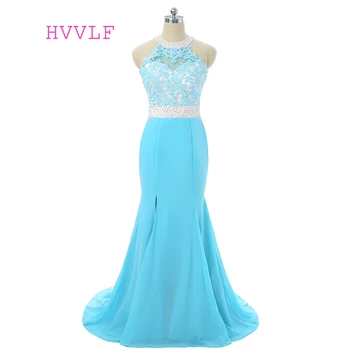 

Turquoise 2019 Prom Dresses Mermaid Halter Appliques Beaded Open Back Slit Sexy Long Prom Gown Evening Dresses Robe De Soiree