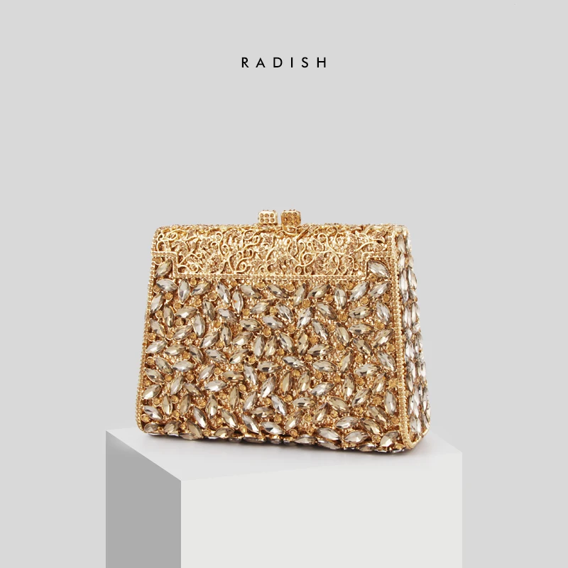 

RADISH Dazzling Hollow Out Floral Appliques Luxury Women Crystal Clutch Bag Cocktail Handbags and Purses Bridal Party Bag
