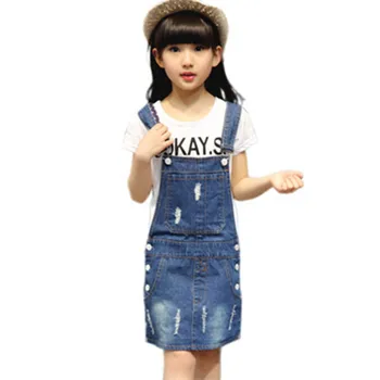 

Summer Teenager Girls Casual Denim Jeans Overalls Dress Hole Children Metal Buttons Sundress Kids Suspender Girl Denim Dresses