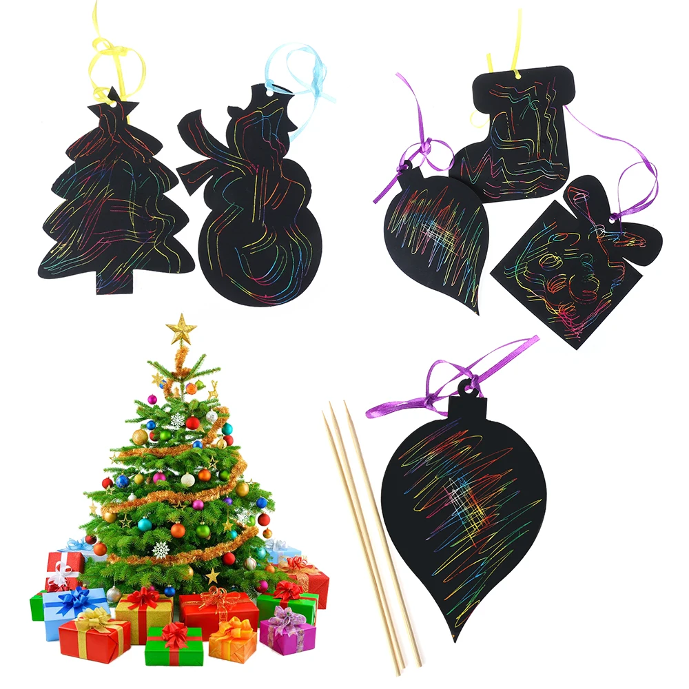 

17pcs Magic Color Scratch Card Christmas Tree Ornaments Scratch Art Paper Coloring Cards Scraping Drawing Toy for Children