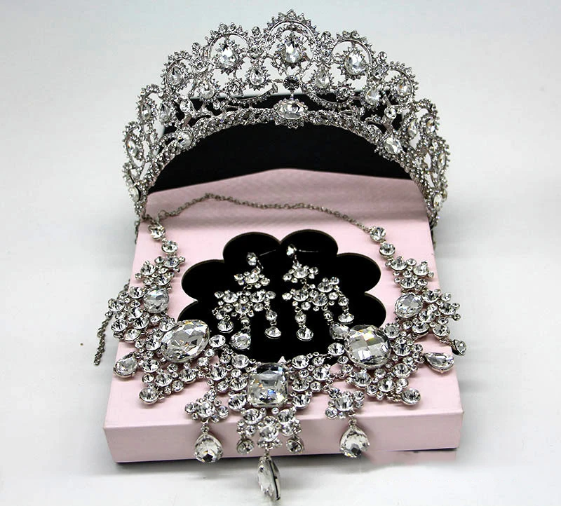 Великолепный Европейский кристалл стиль аксессуар для свадебного платья волос Короны Диадемы ожерелье и серьги набор невесты ювелирные аксессуары