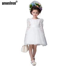 Элегантное и торжественное цветочное бальное платье с кружевами для девочек до 10-12 лет с длинным рукавом и большим белым бантом