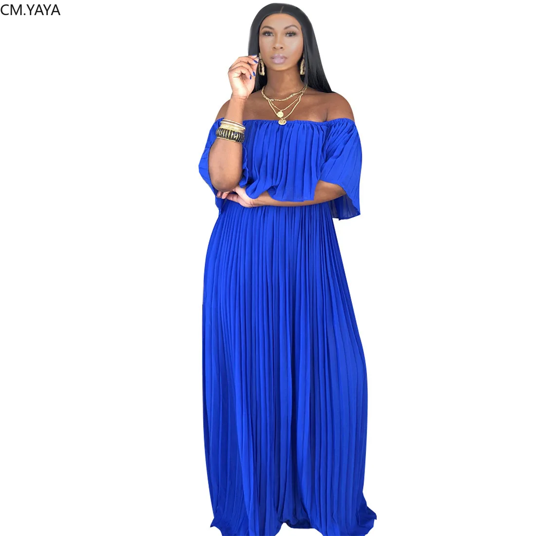 

2019 women summer new off shoulder butterfly sleeve pleated maxi dress loose beach vintage party long vestidos dresses GLJ1848