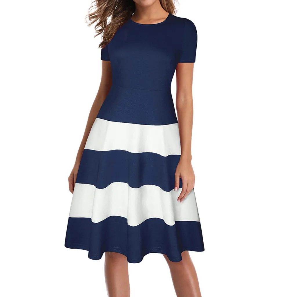 

Fashsiualy summer clothes for women Short Sleeve O-Neck Striped Print Dress Retro pleated dress Holiday Party Lady Dress vestido
