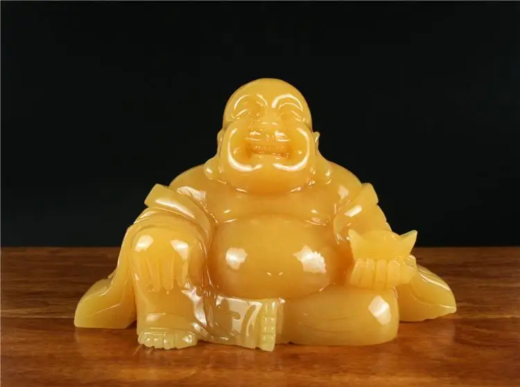 

FREE Shipping 8" Rare Chinese Natural Yellow Jade Carving Happy Laugh Maitreya Buddha Statue
