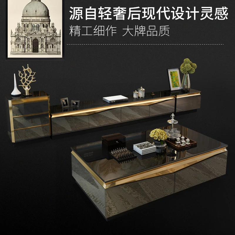 حامل تلفاز الحديثة المعيشة غرفة التلفزيون حامل شاشة mueble stalinite الذهب الفولاذ خزنة من الصلب ميسا + منضدة تليفزيون + القهوة سنترو الجدول