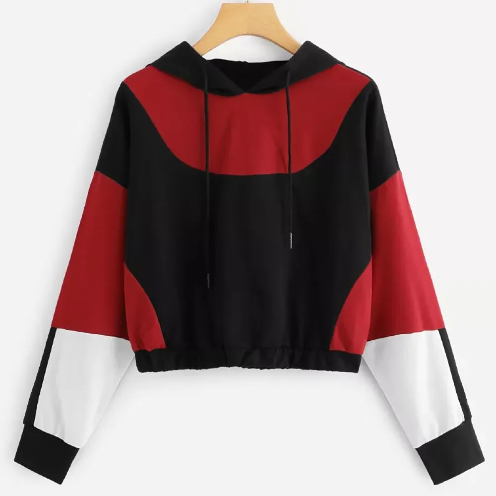 

Women fashion long-sleeved casual short hooded color matching sweatshirt street dance skateboard running fitness sports sweater