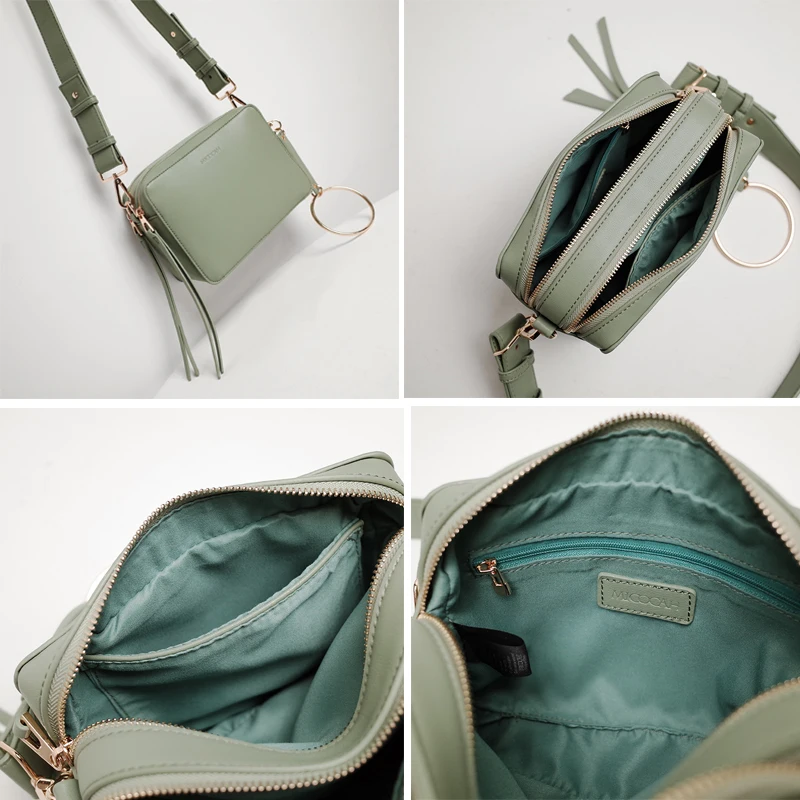 MICOCAH Double Zipper Casual Bag Tassel Design Handbag Women Metal Ring Handle Crossbody Bags Black/Green/Apricot HSD136