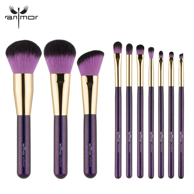 

Anmor 10PCS Makeup Brushes Set Gold Full Size Eyeshadow Powder Brushes For Makeup With Purple Wood Handle and Metal Ferrule