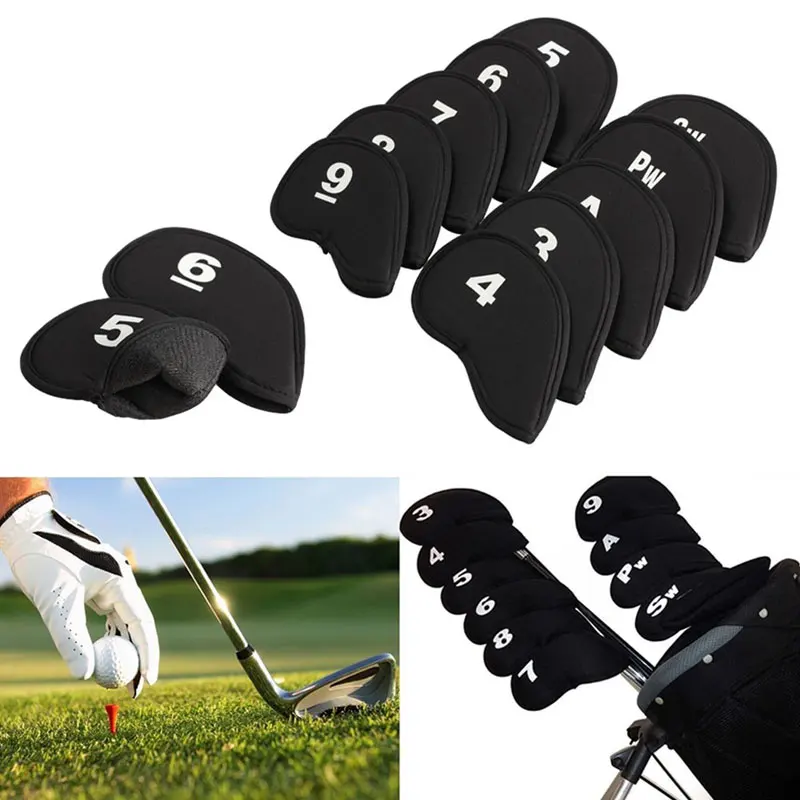 10pcs Black Golf Head Covers Club Iron Putter Head Protector Set