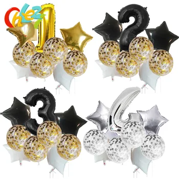 

9pcs Gold silver black Number Birthday balloons confetti latex balloon 18 inch Star Helium Foil Balloons Party Decor Baby shower