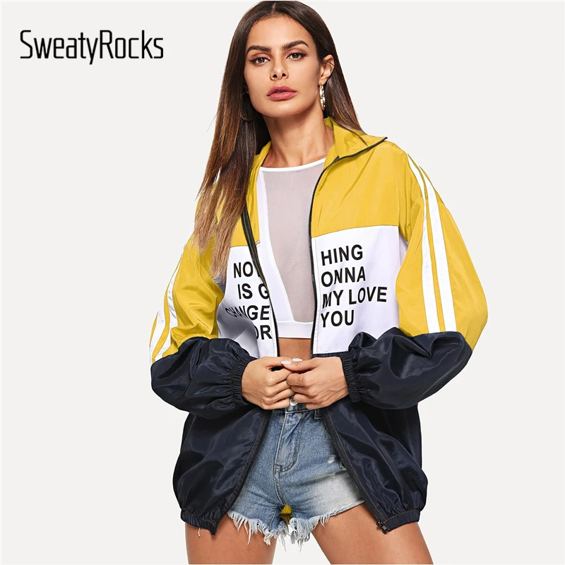 Best SweatyRocks Casual Zip Up Color Block Letter Print Jacket Long Sleeve Active Wear Jackets 2018 Autu