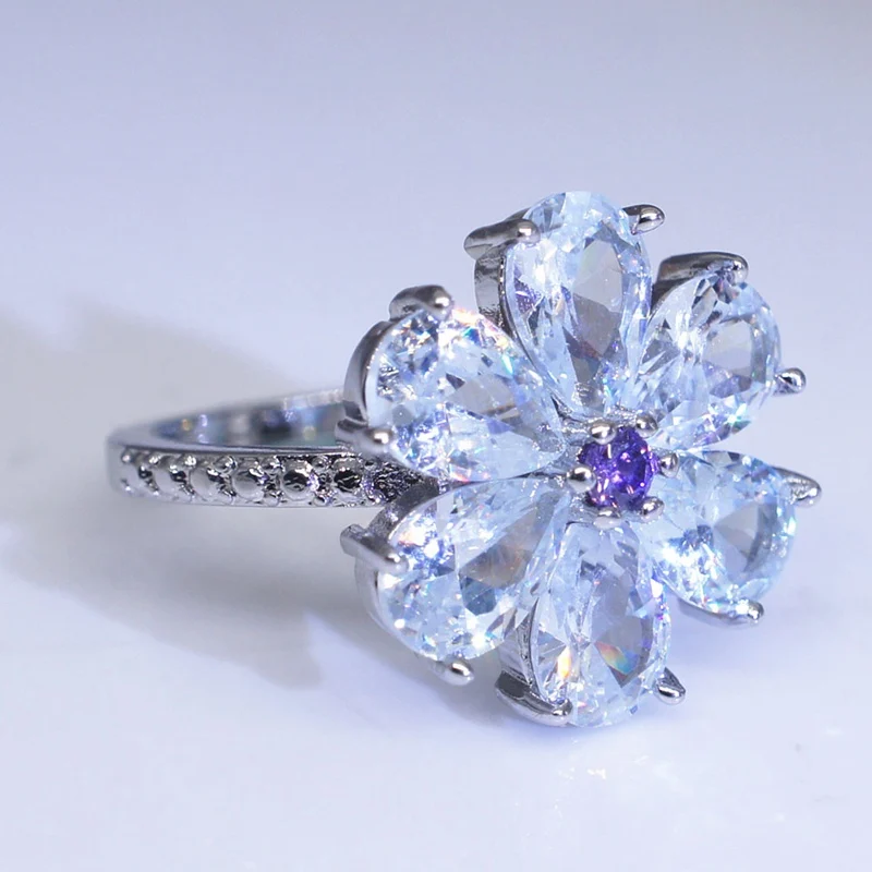 Новая мода принцесса белый циркон серебряный цвет снежный цветок кольцо для женщин обручальные кольца ювелирные изделия подарок - Цвет основного камня: SV