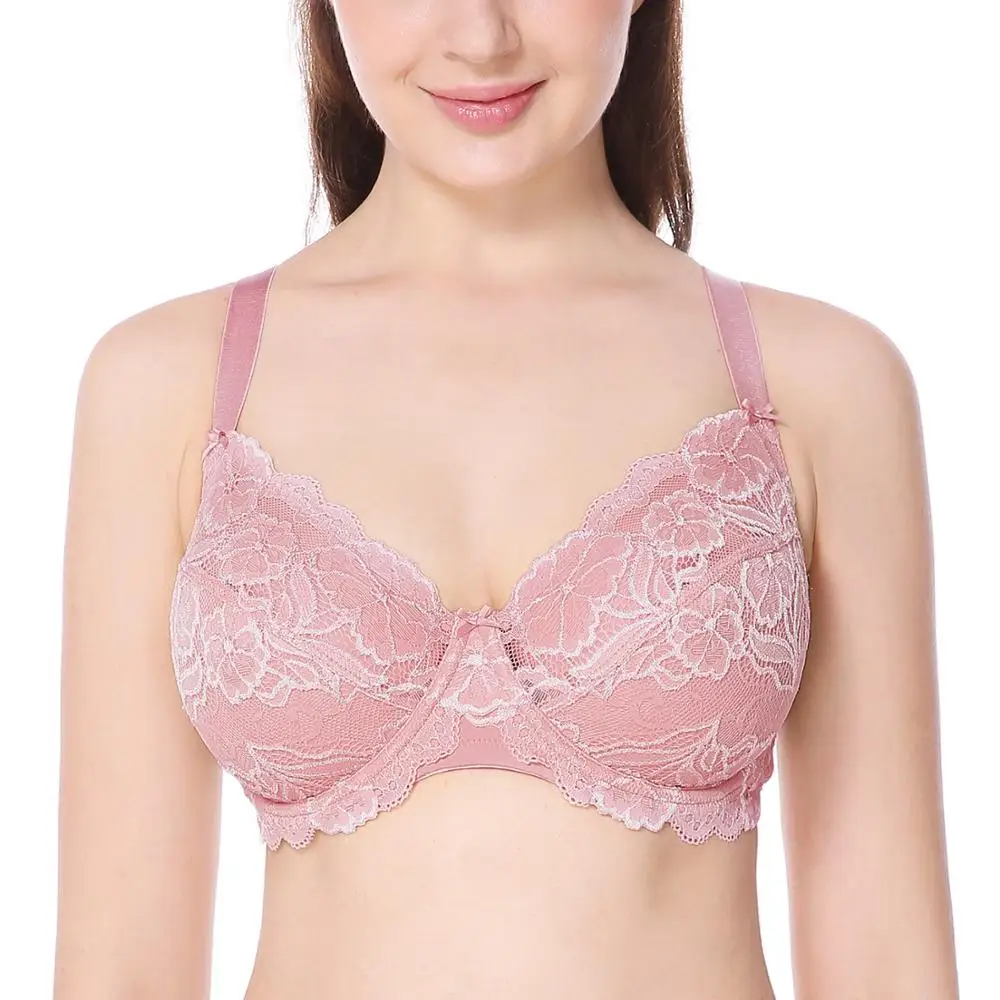 

Women's Full Coverage Non-Foam Floral Lace Plus Size Underwired Minimizer Bra