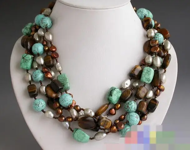 

song voge gem nanJ0278 5row coffee gray pearl massive tiger's-eye turquoise NECKLACE
