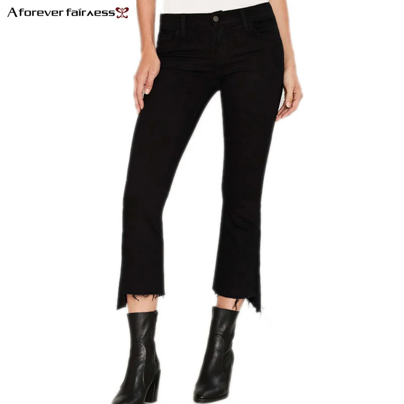 

A Forever Fairness Autumn Nine Points Women Pants Waist Hem With Fringed Irregular Oblique Edge Jeans Black Denim Pants M-295