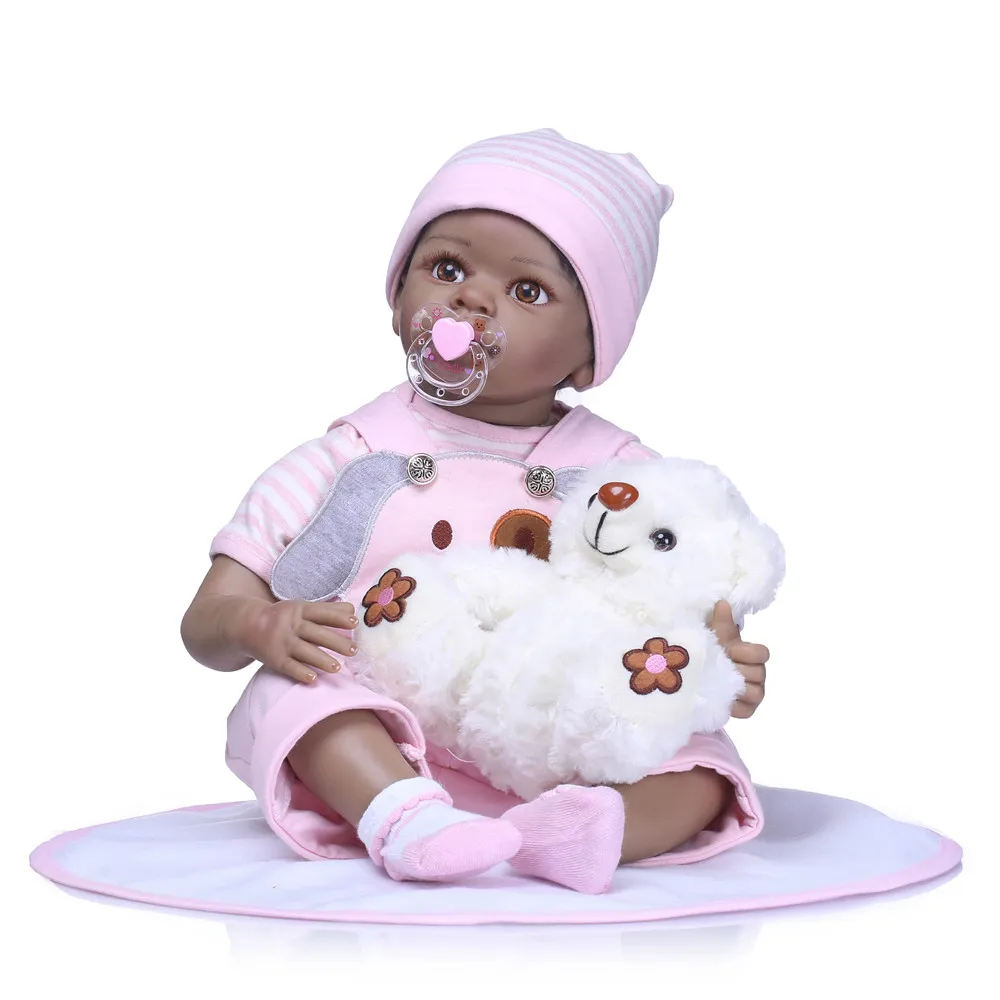 22inch black skin silicone handmade Vinyl Reborn Baby Dolls for Children Girls Best Birthday Doll Gift to Baby Kids toys
