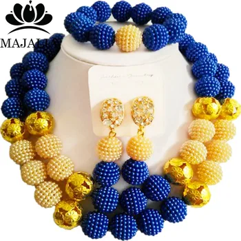 

Majalia Fashion Royal blue and Beige Lady Nigerian Wedding African Jewelry Set Plastic Beads Bride Jewelry Sets 2QW004