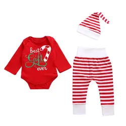 Рождество Одежда для малышей 3 шт. новорожденного Одежда для маленьких девочек одежда с длинным рукавом комбинезон + штаны в полоску