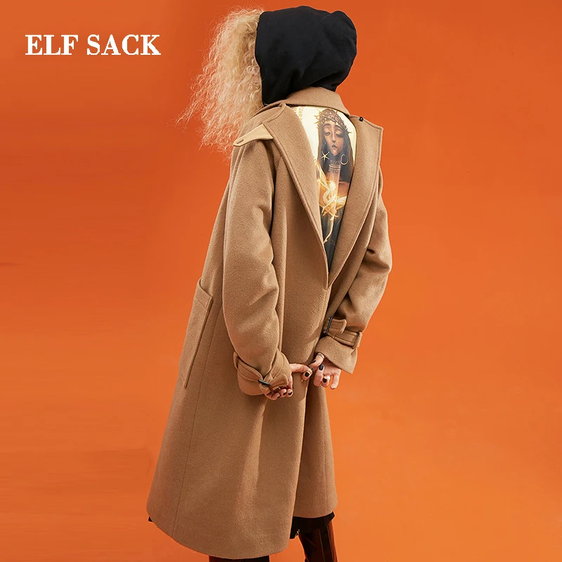 

ELF SACK Winter New Stylish Wool Jacket Woman Wide-waisted Solid Thick Wool Woman Coats Double Breasted Chic Femme Jackets Coats