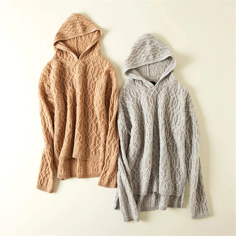 

100%cashmere twisted knit women hooded pullover sweater irregular length loose wide H-straight solid color XS/S/M/L