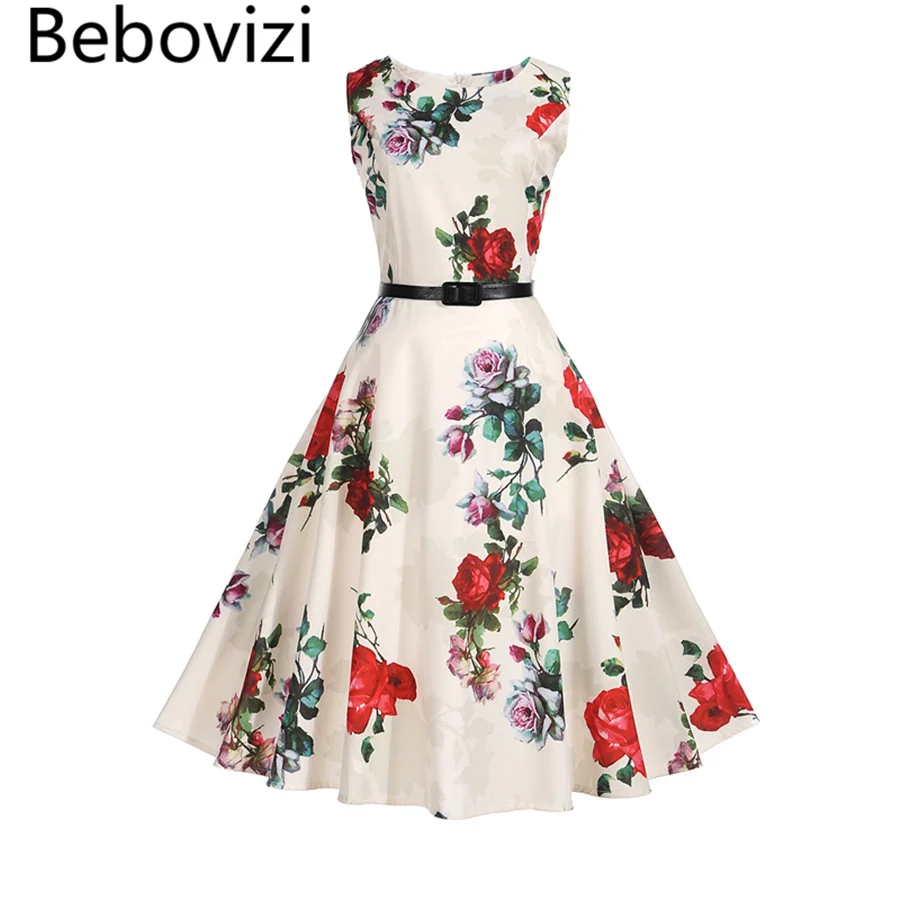 

Bebovizi 2018 New Women Summer Autumn Party Dresses Elegant Vintage Audrey Hepburn Floral Print swing Dress Brazil Vestidos