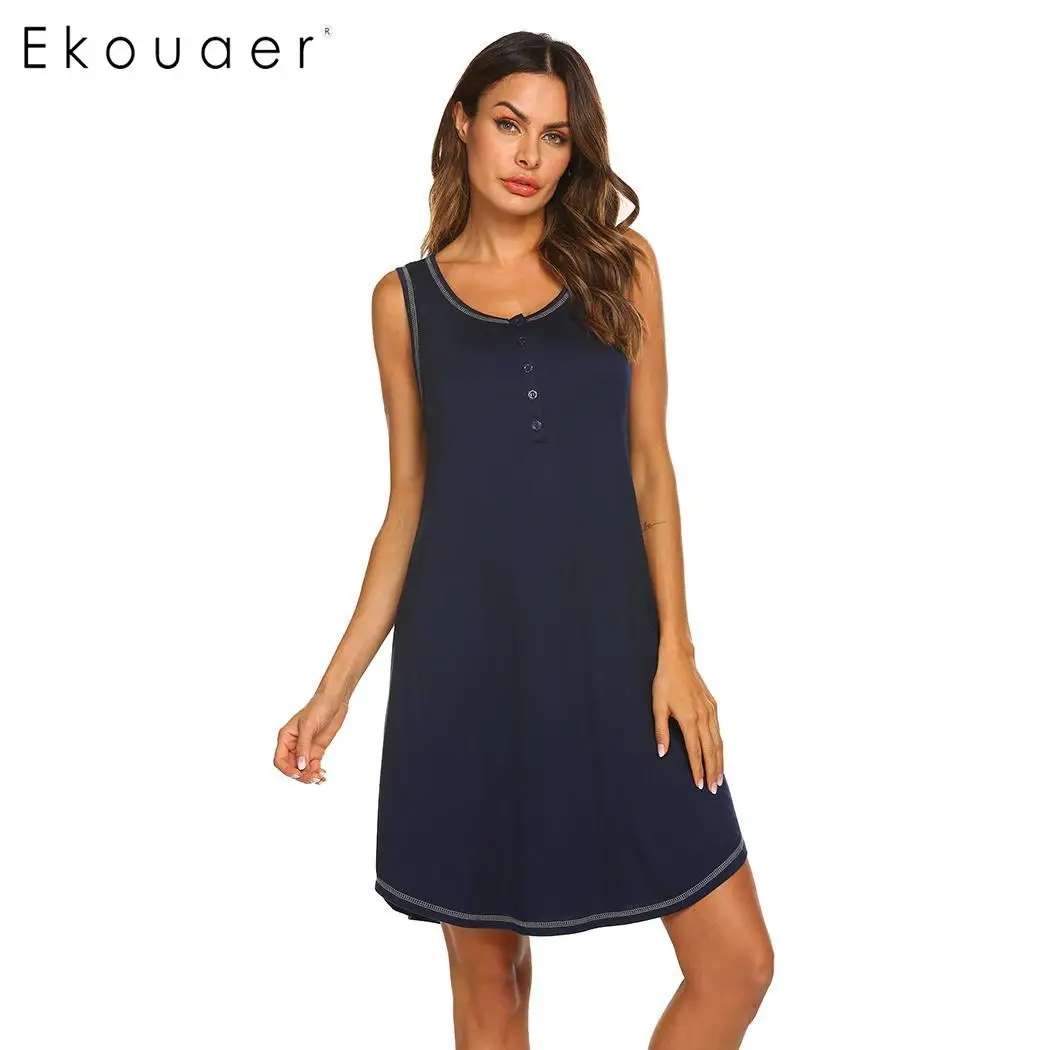 Ekouaer, Женское ночное платье, домашняя одежда, летняя ночная рубашка, однотонная, без рукавов, круглый вырез, кнопка, ночная рубашка для беременных, одежда для сна - Цвет: Navy Blue