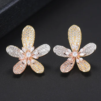 

GODKI 26mm Trendy Lovely 3 Tone Flower Stud Earrings For Women Wedding Cubic Zircon CZ Dubai Bridal Earrings Bohemia Hot 2018