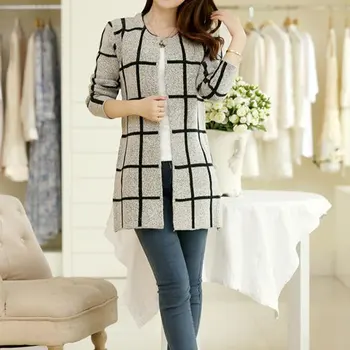 

2016 women sweater long sleeveO-Neck Autumn Winter Style tricot young lady fashion plaid cardigan sweater Big Size free shipping