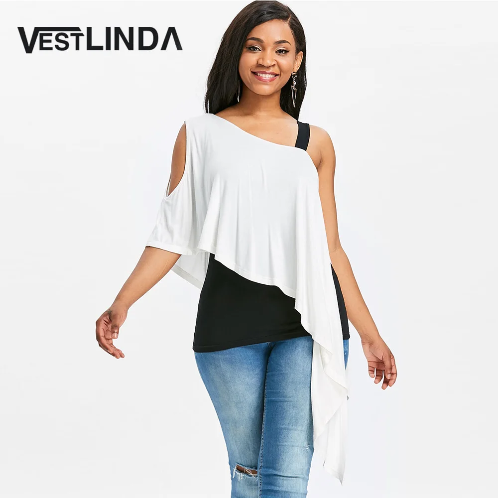 

VESTLINDA Skew Collar Color Block Black White Overlay Asymmetrical Tee Two Tone T Shirt Women Casual Tops Summer 2018 T-shirt