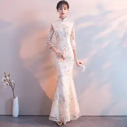 Новый Шампанское китайское традиционное платье Для женщин тонкий Cheongsam вышивка пайетками современные восточные длинные Ципао вечернее