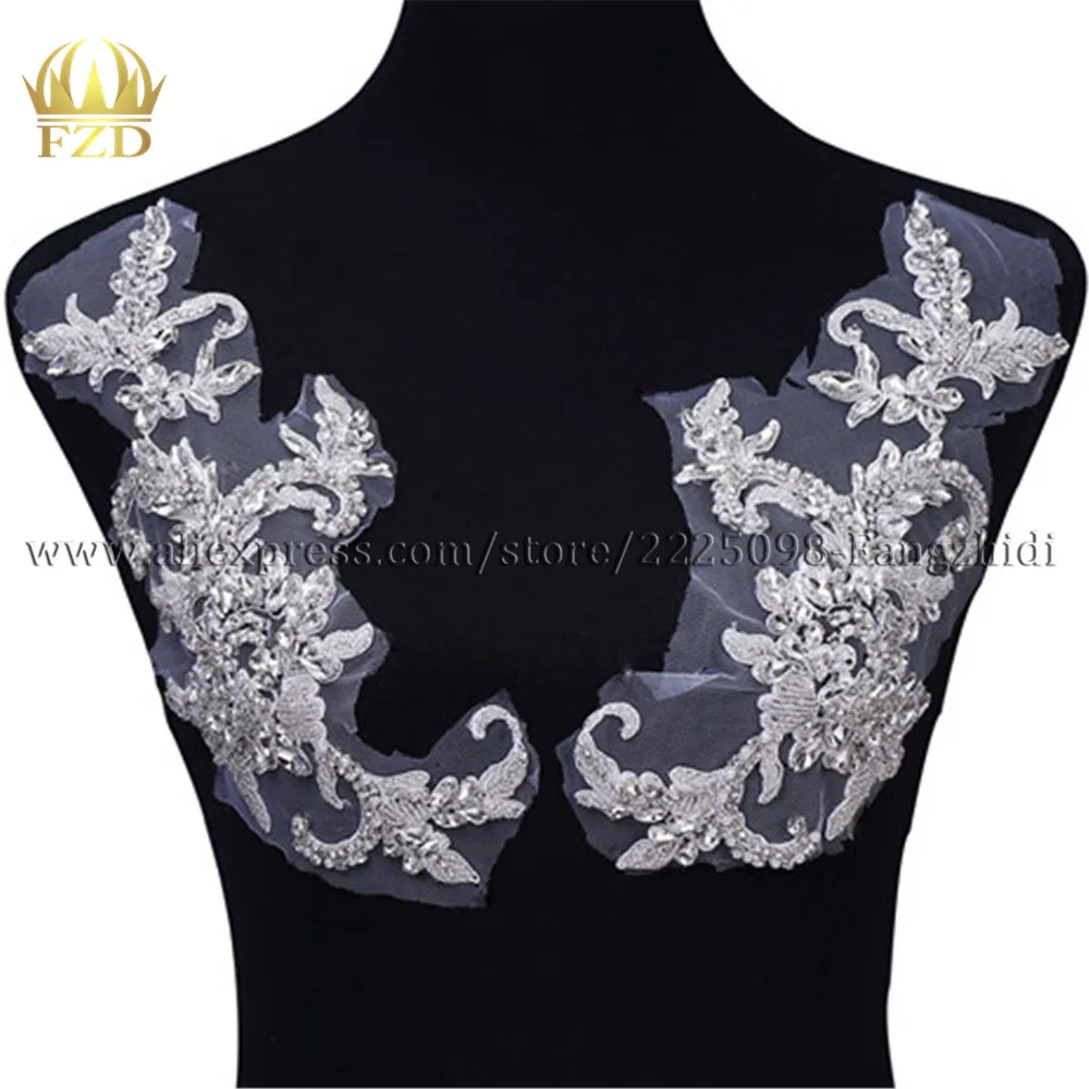 

FZD 1 Pair Handmade Sewing Rhinestone Pearls Beads Patches Large Rhinestone Appliques for Wedding Dress Evening Gown