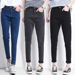 2017 винтажные джинсы BF с высокой талией, эластичная Женская вареная синяя джинсовая ткань, узкие джинсы, классические брюки-карандаш