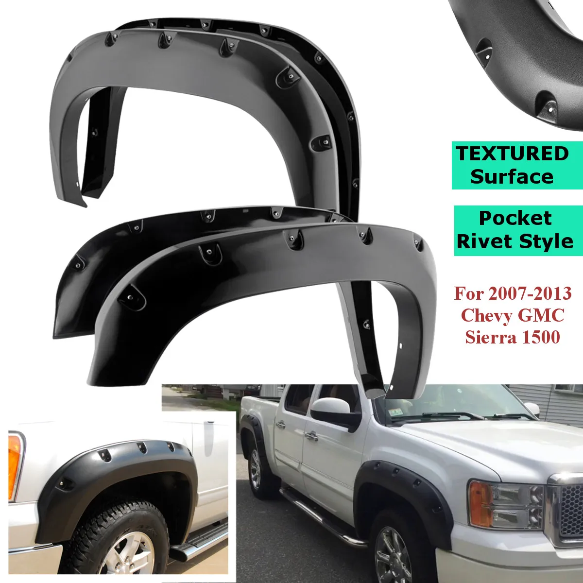 

4Pcs Car Wheel Mudguard Rivet Flares Textured for Chevy for GMC Sierra 1500 2007-2013