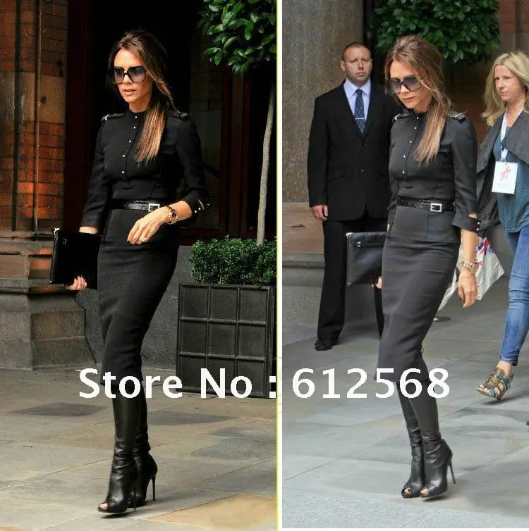 Formal Work Military style Turtleneck Tailored Commute Dresses. 3/4 Sleeves Pencil Dress for Evening Party Black with Belt BR029 | Женская
