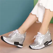 High Heel Punk Tennis Shoes Women Trainers Shoes Lace Up Genuine Leather Creepers Round Toe Wedges Platform Pumps Casual Shoes high colors women s lace up creepers oxford high heel pearl platform shoes white round toe flock patchwork wedge platform heels