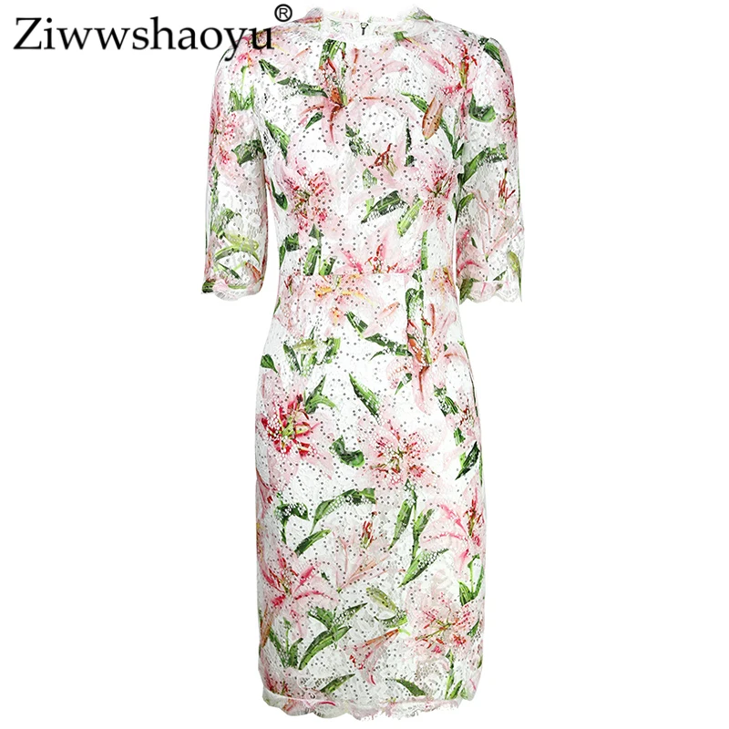 

Ziwwshaoyu Elegant Slim Pencil dresses O-Neck Print Lace Hollow Out Sequined dress Spring and summer new women's