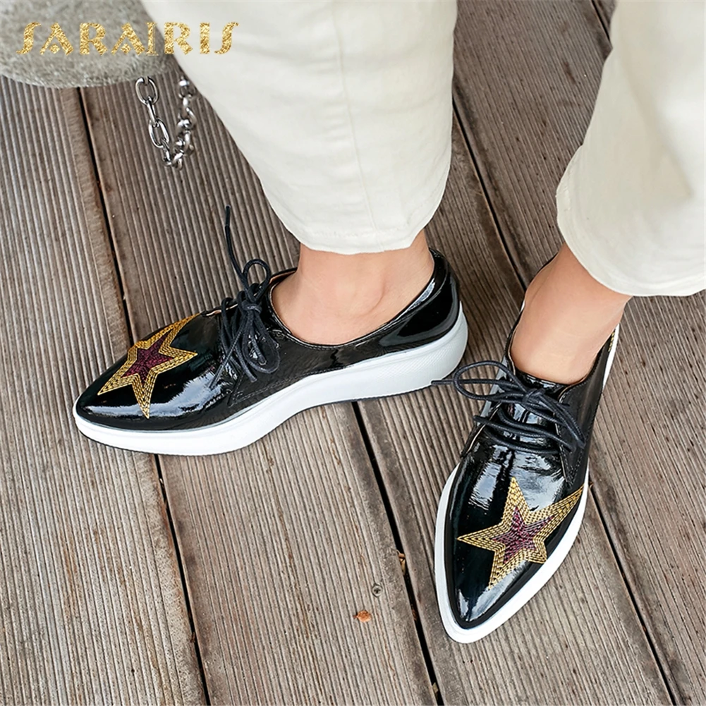 

Sarairis Luxury Genuine Cow Leather Hot INS Flats Shoes Woman Lace Up Flat Platform Comfortable Flats Woman Shoes