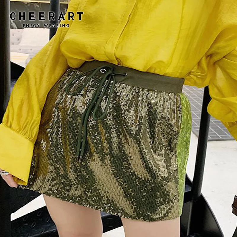 

Cheerart Green Sequin Skirt Women A Line Mini Skirt Summer Drawstring Black High Waist Short Skirt Streetwear