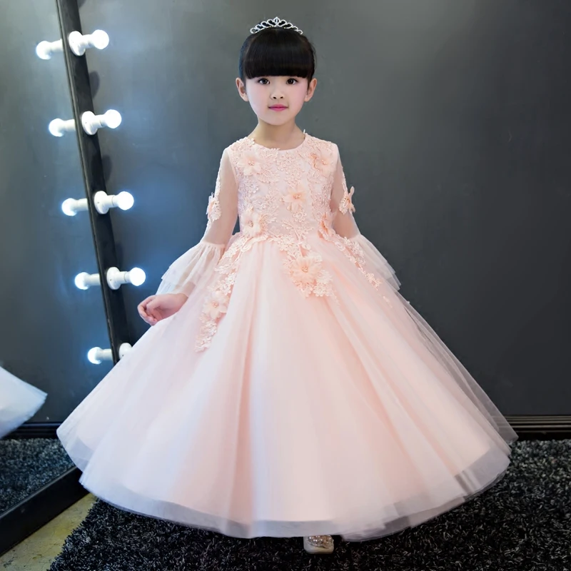 

Fashion Long Sleeve Pink Flower Girl Dresses For Weddings Summer 2017 O Neck Slim Embroidery Girls Dress Children Clothes P27