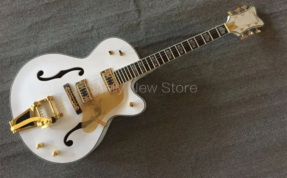 

Shelly new store custom white falcon G6120 guitar jazz f hole hollow body gold bigspy electric guitars musical instruments shop