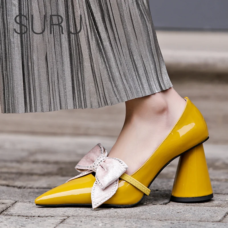 

SURU Ladies Leather Bow Details Pumps Women Pointed Toe High Heels Yellow Or Black Custom Size 40 41 42