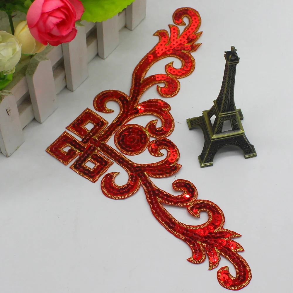 Sequined Applique Gold Embroidery Patches Trims sewing patches,clothing accessories Iron on Cosplay Costumes For Dress 23.5*9cm 1 Piece