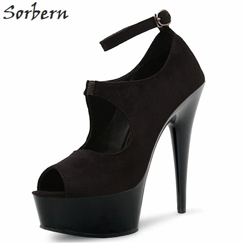 Sorbern Black Ankle Straps Peep Toe Pumps Spike High Heel 17Cm Shoes